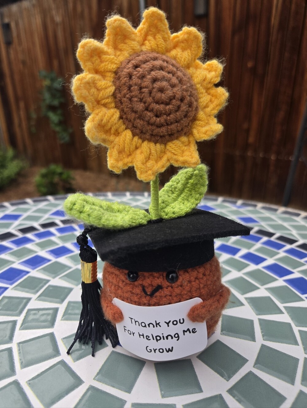 Handmade Yellow Sunflower Plush in Graduation Pot - Thank You Gift